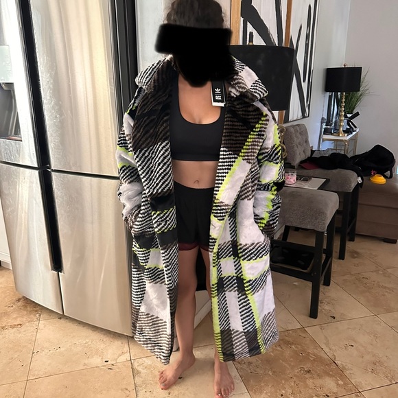 Adidas Ivy park Halls of Ivy plaid faux fur trench coat jacket - Picture 12 of 14